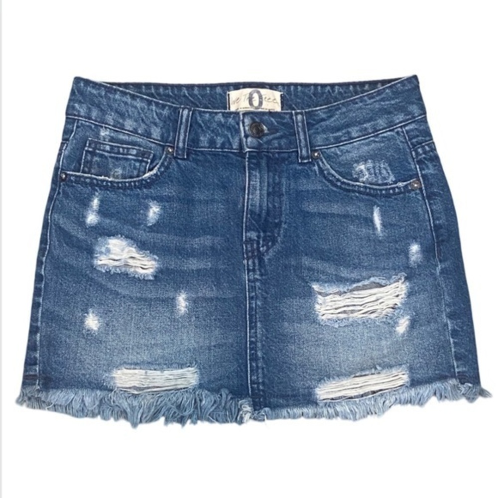 Free People We The Free Distressed Destroyed Blue Denim Jean Mini Skirt 0